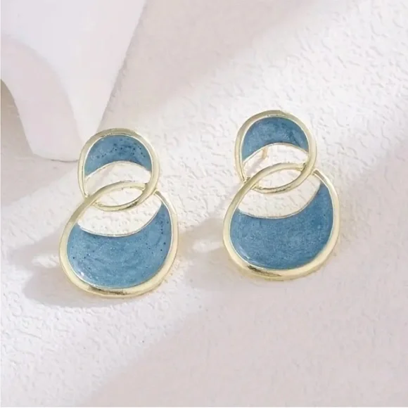 Gold Frame Blue Marbled Double Circle Drop Earrings - Women Jewelry - Picture 2 of 3